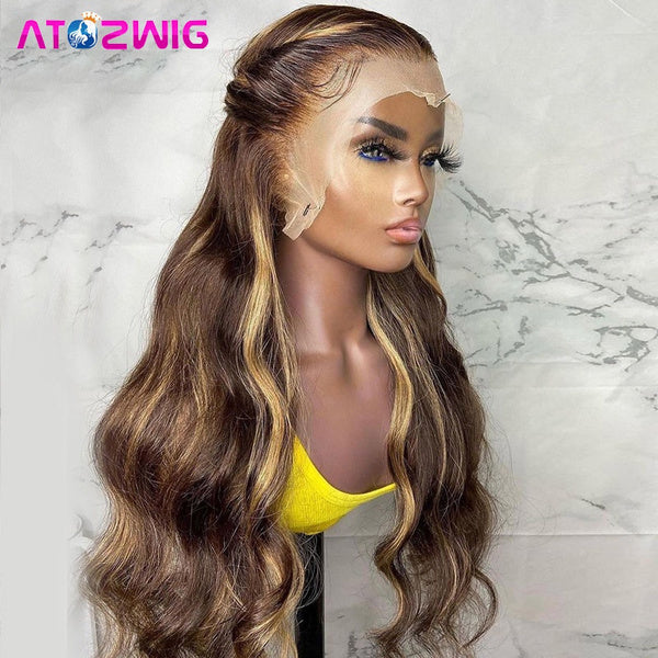 Highlight Lace Front Wigs for Black Women Mix Brown Blonde Synthetic Hair Highlights Wig Long Body Wave Wigs with Baby Hair