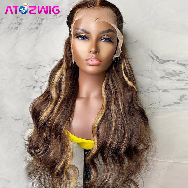 Highlight Lace Front Wigs for Black Women Mix Brown Blonde Synthetic Hair Highlights Wig Long Body Wave Wigs with Baby Hair