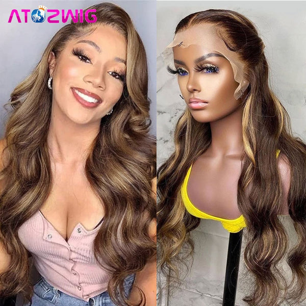 Highlight Lace Front Wigs for Black Women Mix Brown Blonde Synthetic Hair Highlights Wig Long Body Wave Wigs with Baby Hair